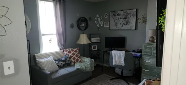 a living room with furniture and a fireplace