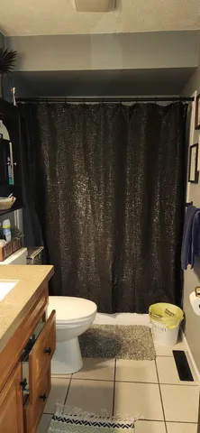 a bathroom with a toilet and a shower curtain