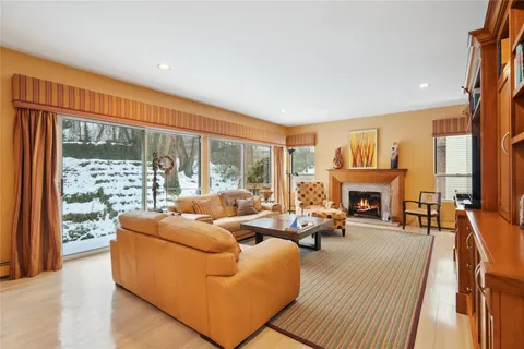a living room with furniture a fireplace and a floor to ceiling window