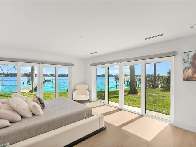 a bedroom with a bed and a large window