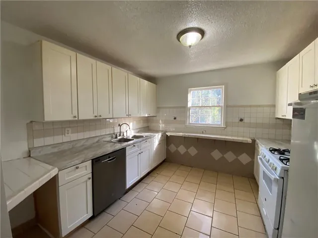 a kitchen with a sink a counter top space and cabinets