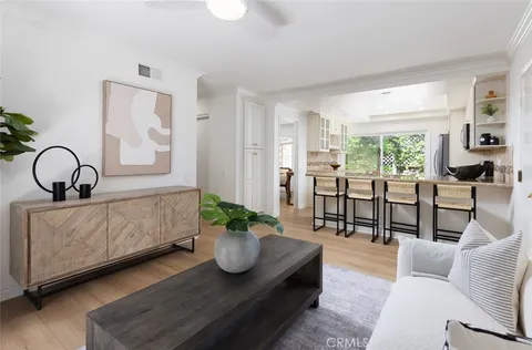 a living room with furniture potted plant and a large window