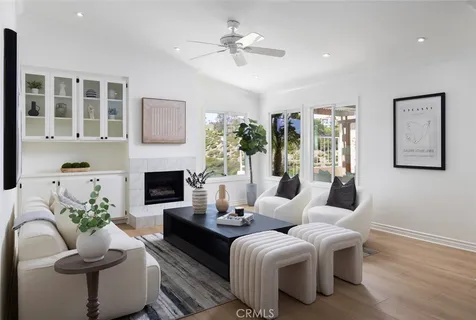 a living room with furniture potted plant and a fireplace