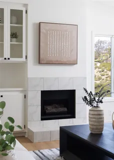 a living room with furniture a fireplace and a potted plant