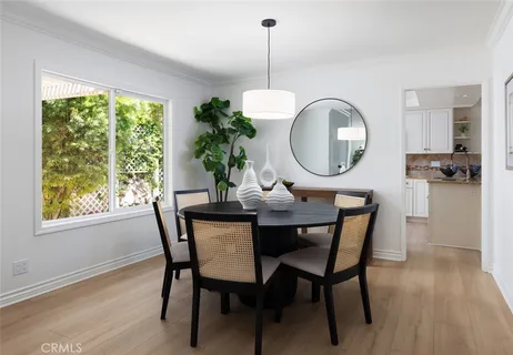 a dining room with furniture potted plants and wooden floor