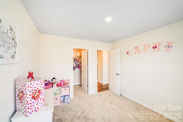 a hallway with toys and flowers