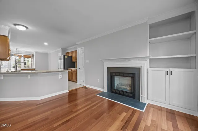 a living room with a fireplace