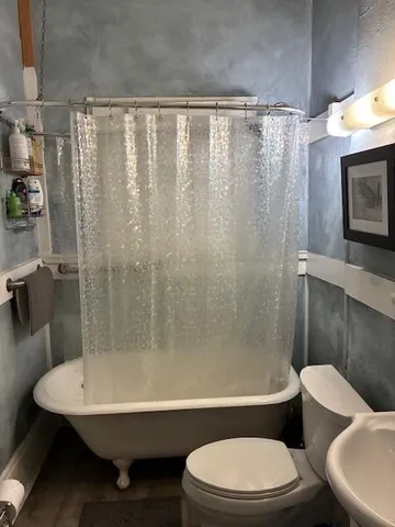 a bathroom with a toilet and a shower