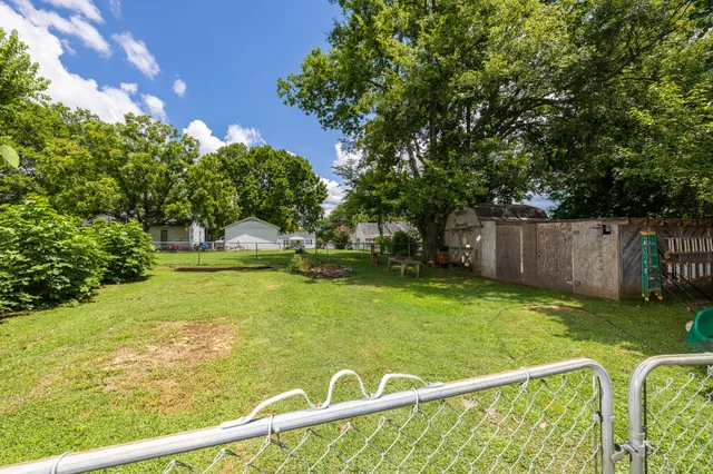 a view of a backyard with a small cabin