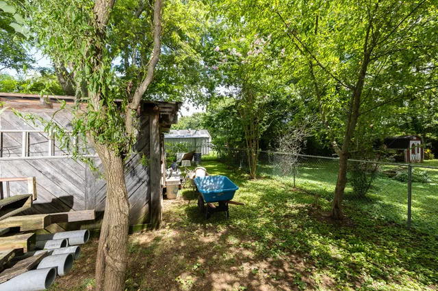a view of a backyard with a large tree and wooden fence