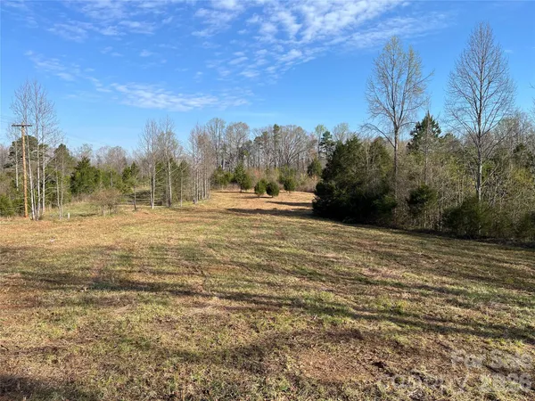 a view of dirt field with trees in background