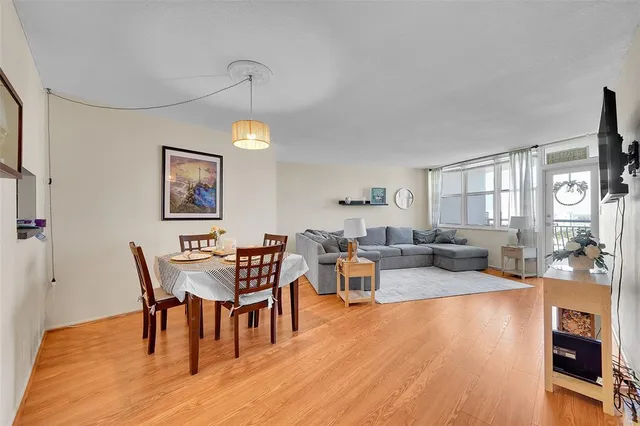 a view of a dining room with furniture window and wooden floor