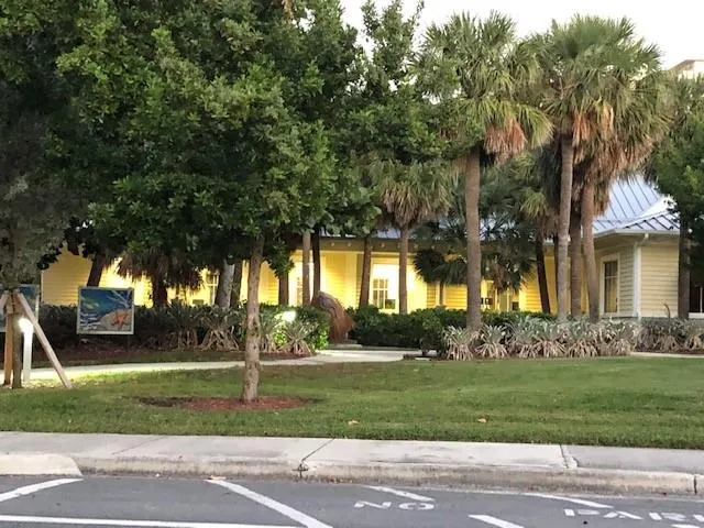 a view of a white house with a large windows and a yard with palm trees
