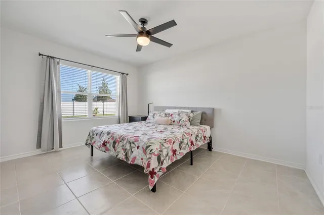 a bedroom with a bed and a large window