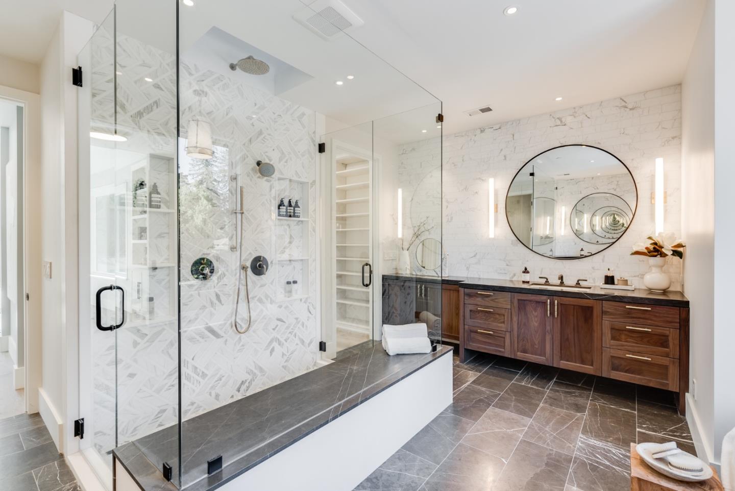 60 Shearer Drive Atherton, CA 94027 - Photo 16 of 39 a large bathroom with a granite countertop tub a double vanity sink and a mirror