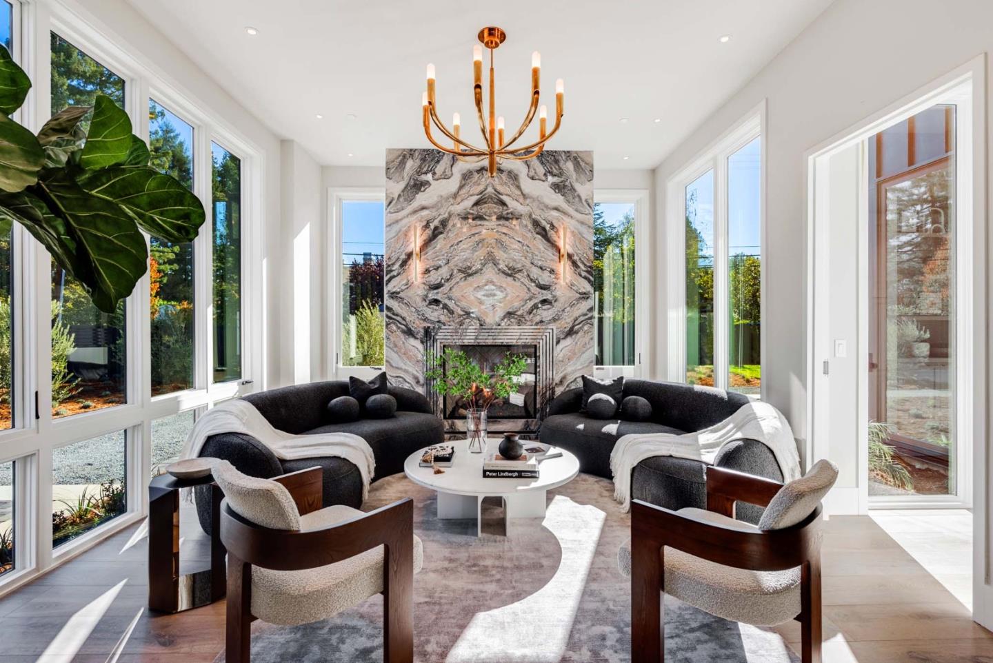60 Shearer Drive Atherton, CA 94027 - Photo 4 of 39 a living room with fireplace furniture and a large window