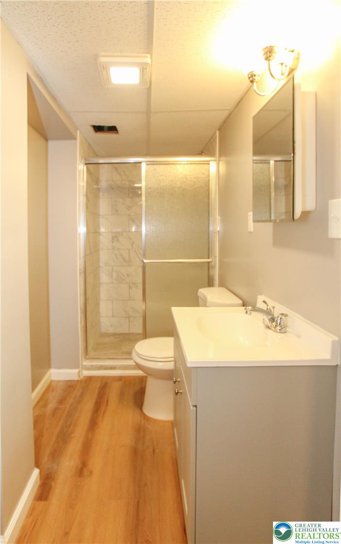 492 Filetown Road Nazareth, PA 18064 - Photo 28 of 30 A well-appointed bathroom features a contemporary vanity, elegant shower, and practical wood-tone flooring.