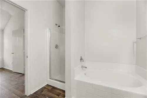 a bathroom with a bathtub