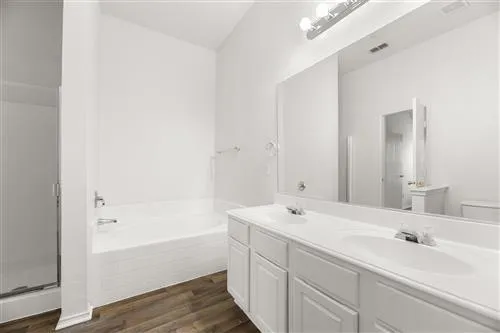 a bathroom with a tub sink and mirror