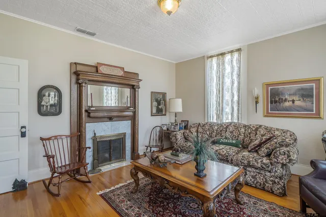 a living room with furniture a fireplace a rug and a window