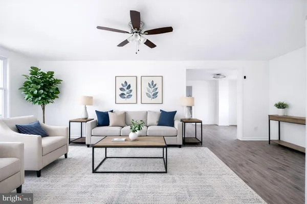 a living room with furniture and a potted plant