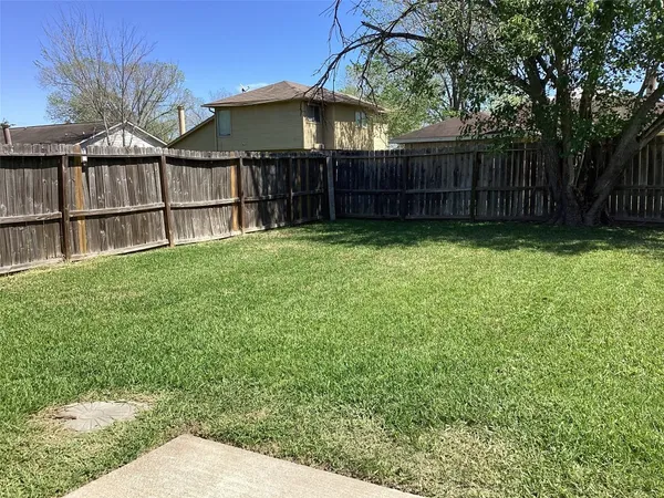 a view of backyard with large trees and wooden fence