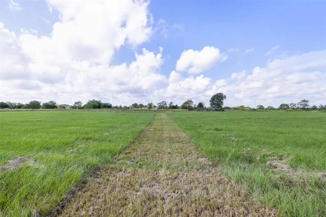 a view of a big yard with a house in the background