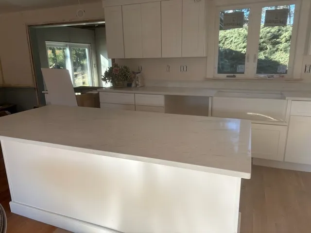 a kitchen with a sink a counter top space stainless steel appliances and windows