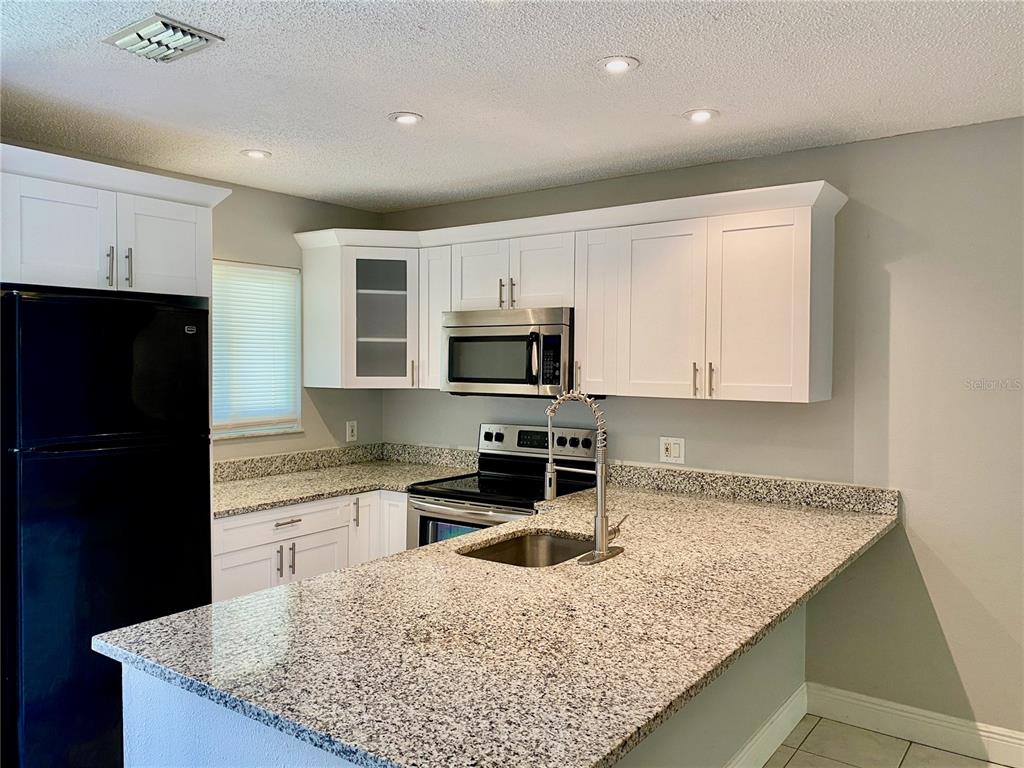 39132 County Road 54, Unit 2230 Zephyrhills, FL 33542 - Photo 6 of 17 a kitchen with granite countertop a sink a stove and a microwave