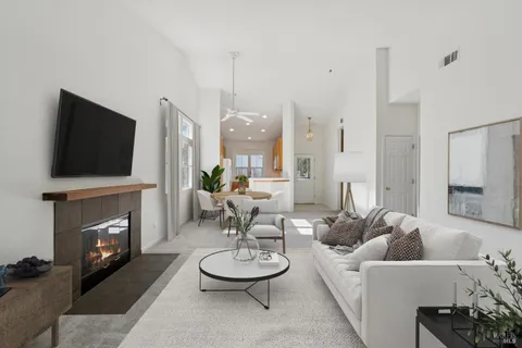 a living room with furniture a fireplace and a flat screen tv