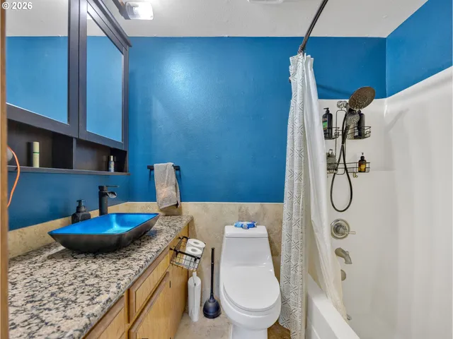a bathroom with a granite countertop sink a toilet and a shower