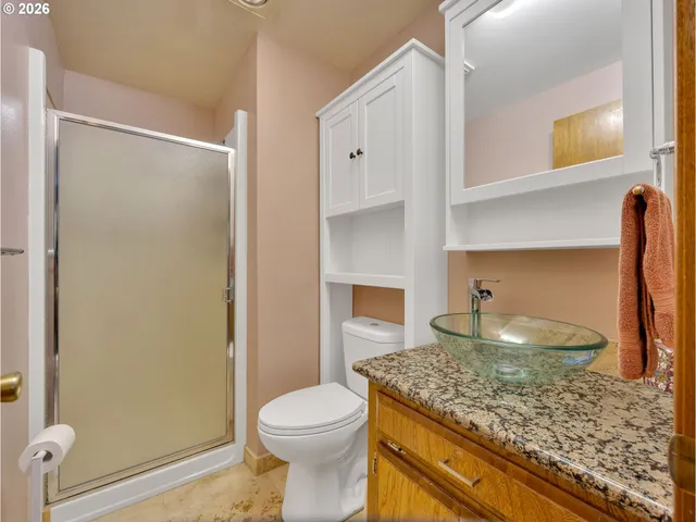a bathroom with a granite countertop sink a toilet and shower