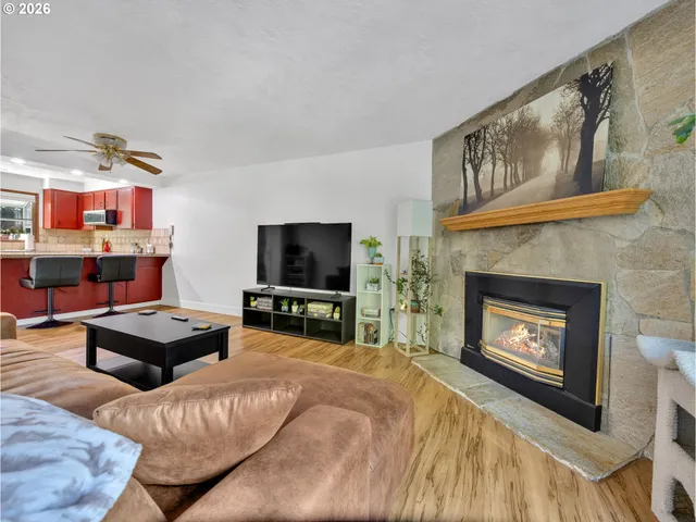 a living room with furniture a flat screen tv and a fireplace