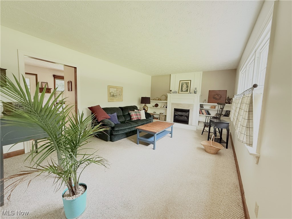 4901 Kings Creek Road Weirton, WV 26062 - Photo 2 of 28 Living room with carpet flooring, a fireplace, and a textured ceiling