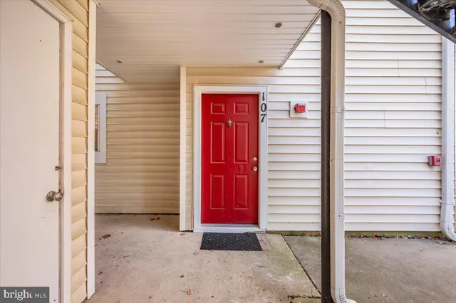 a view of a porch with a door