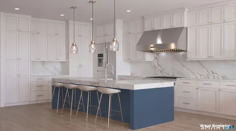 a kitchen with stainless steel appliances granite countertop a sink a stove a refrigerator and island