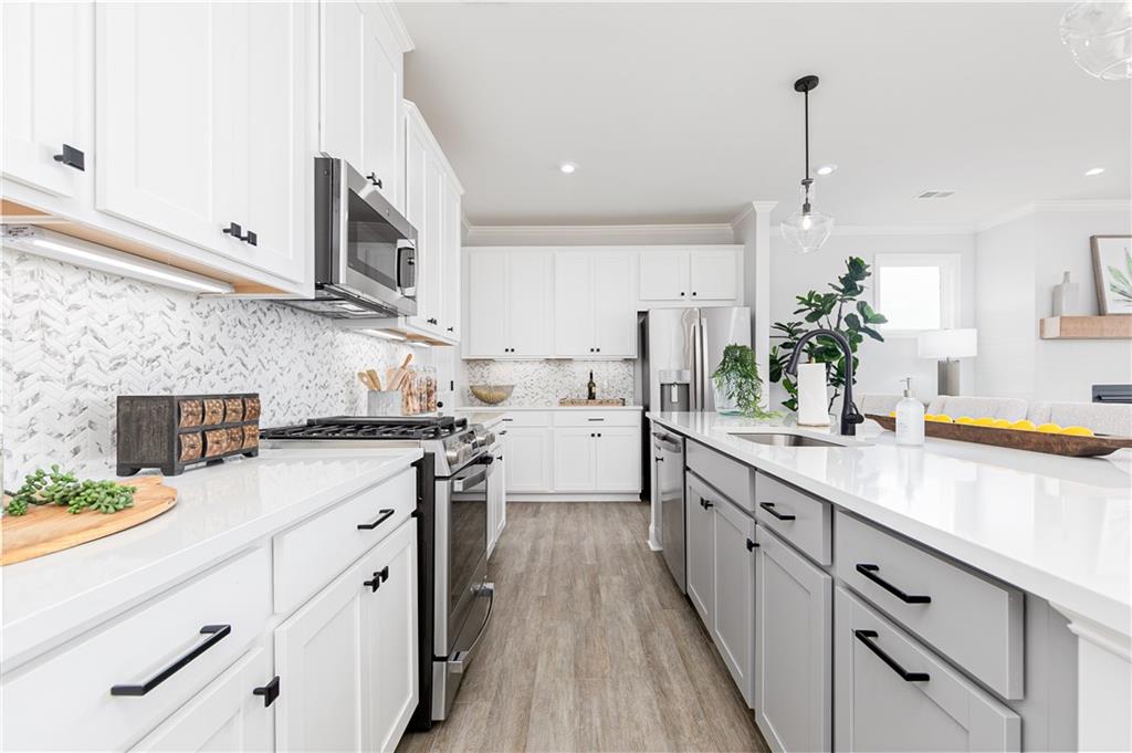 866 Leraes Way Loganville, GA 30052 - Photo 9 of 47 a kitchen with stainless steel appliances white cabinets sink and wooden floor
