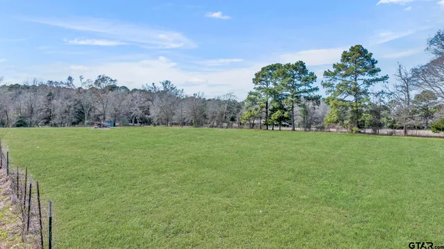a view of a green field with trees in the background