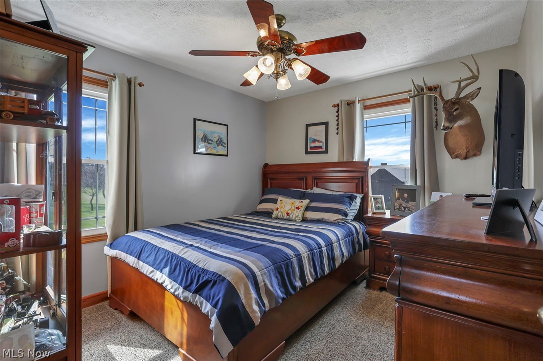 5502 Dutch Ridge Road New Straitsville, OH 43766 - Photo 26 of 49 Bedroom featuring ceiling fan, a textured ceiling, and carpet flooring