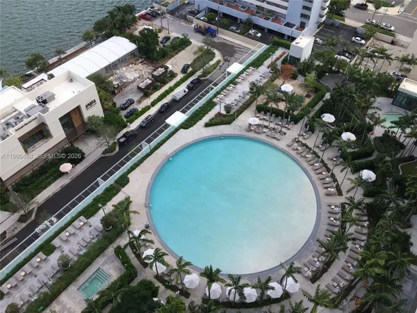 an aerial view of a swimming pool