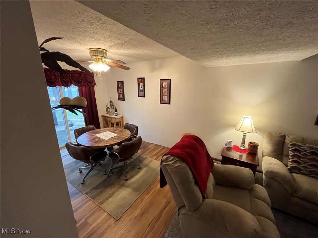 1455 Welch Road Painesville, OH 44077 - Photo 17 of 42 Living room with wood finished floors, a textured ceiling, and a ceiling fan