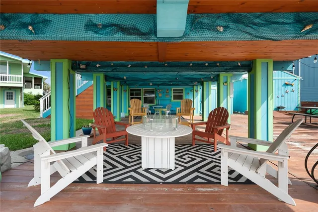 an outdoor space with sitting area