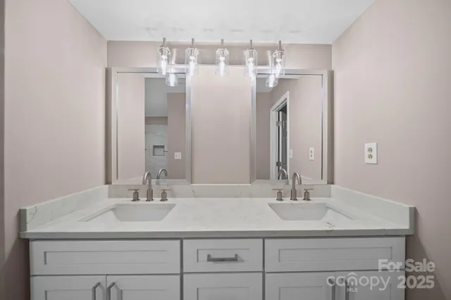 a bathroom with a sink double vanity and a mirror