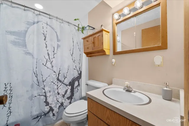 a room with table and stairs