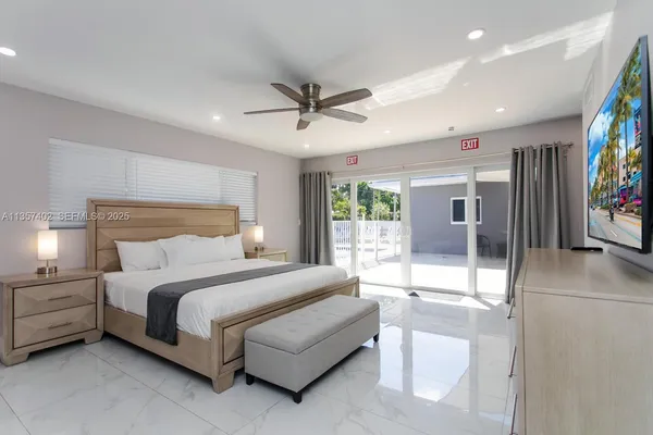 a bedroom with a bed and a flat screen tv