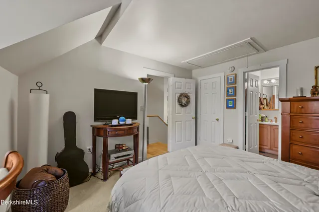 a bedroom with bed and a closet