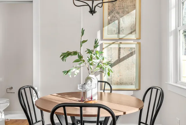 a view of a dining room with furniture window and outside view