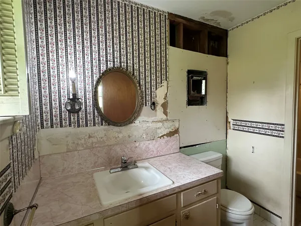 a bathroom with a sink a toilet and mirror
