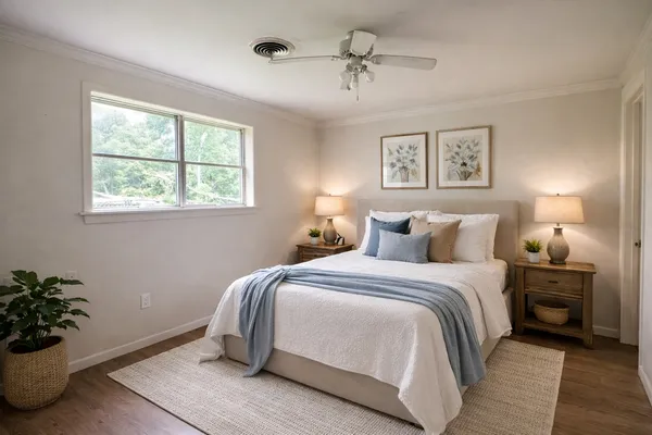 a bedroom with bed and a potted plant