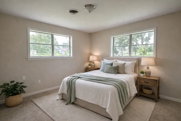 a bedroom with a bed and a potted plant